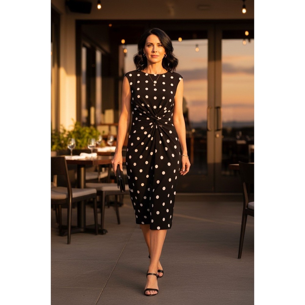 Lauren Ralph Lauren Dress Women Polka Dot Twist Waist Sheath Black White Size 8